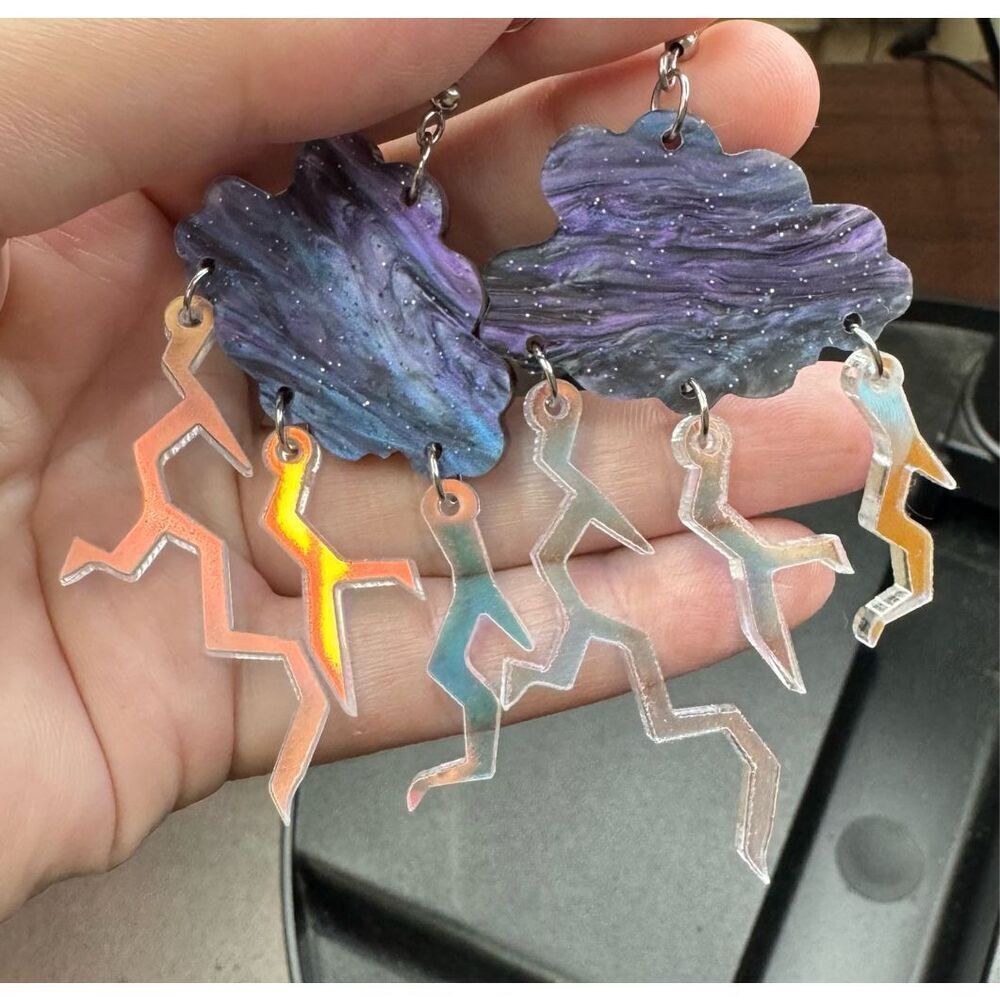 Cloud with Iridescent Lightning Bolts Acrylic Dangle Earrings